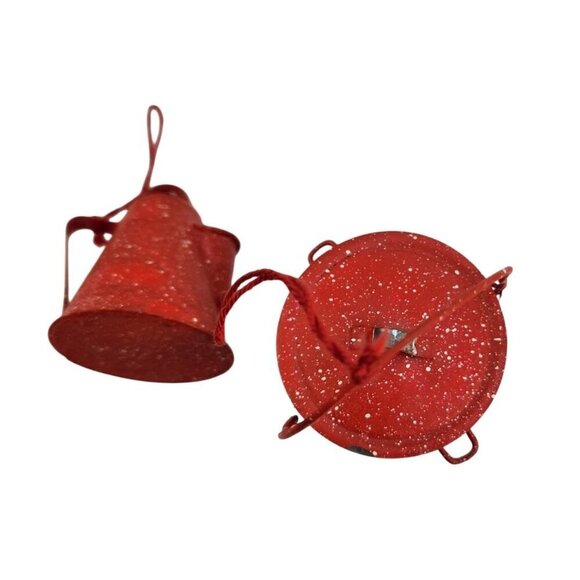 Set Of 2 Miniature Red Speckled Metal Campfire Coffee Pot & Pail Ornament Decor - Picture 8 of 8